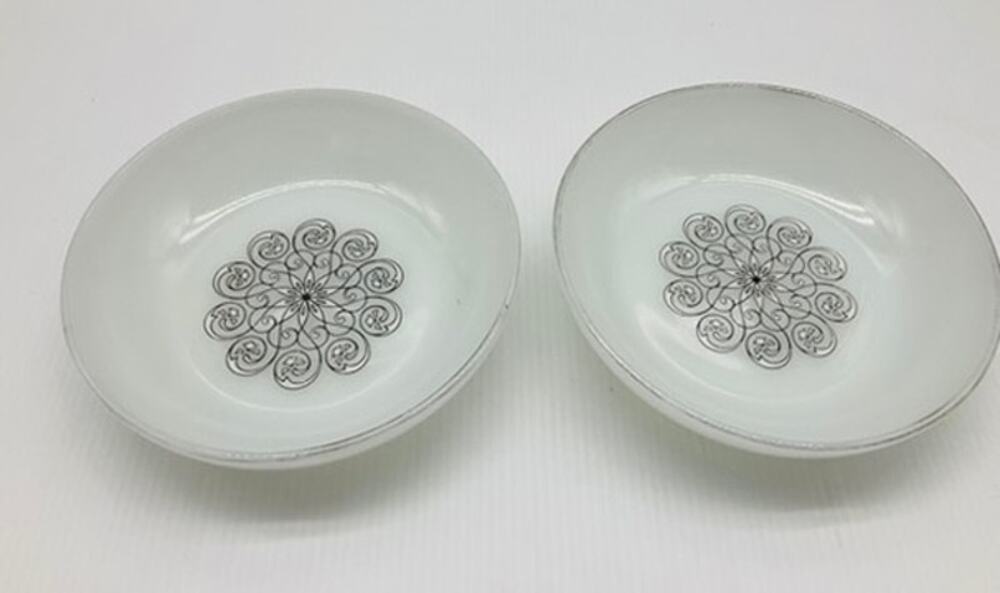 Vintage Fire King Anchor Hocking Bowl Black White Spiral Silver Rim Set of 2